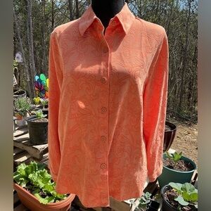 Studio Works top. Peach color button down with inlaid flower designs. Size PM